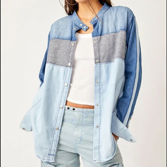 Free People Moto Colorblock Denim Chambray Button Front Shirt Blue Combo - Picture 1 of 9